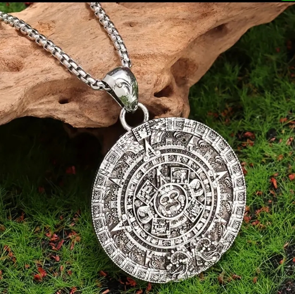 23" Stainless Steel Aztec Mayan calendar necklace and Pendant